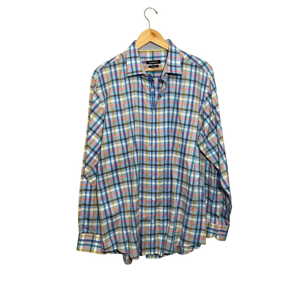 Bugatchi Plaid Button Shirt Men's XL Flip Cuff Long Sleeve Pastel‎ Colorful